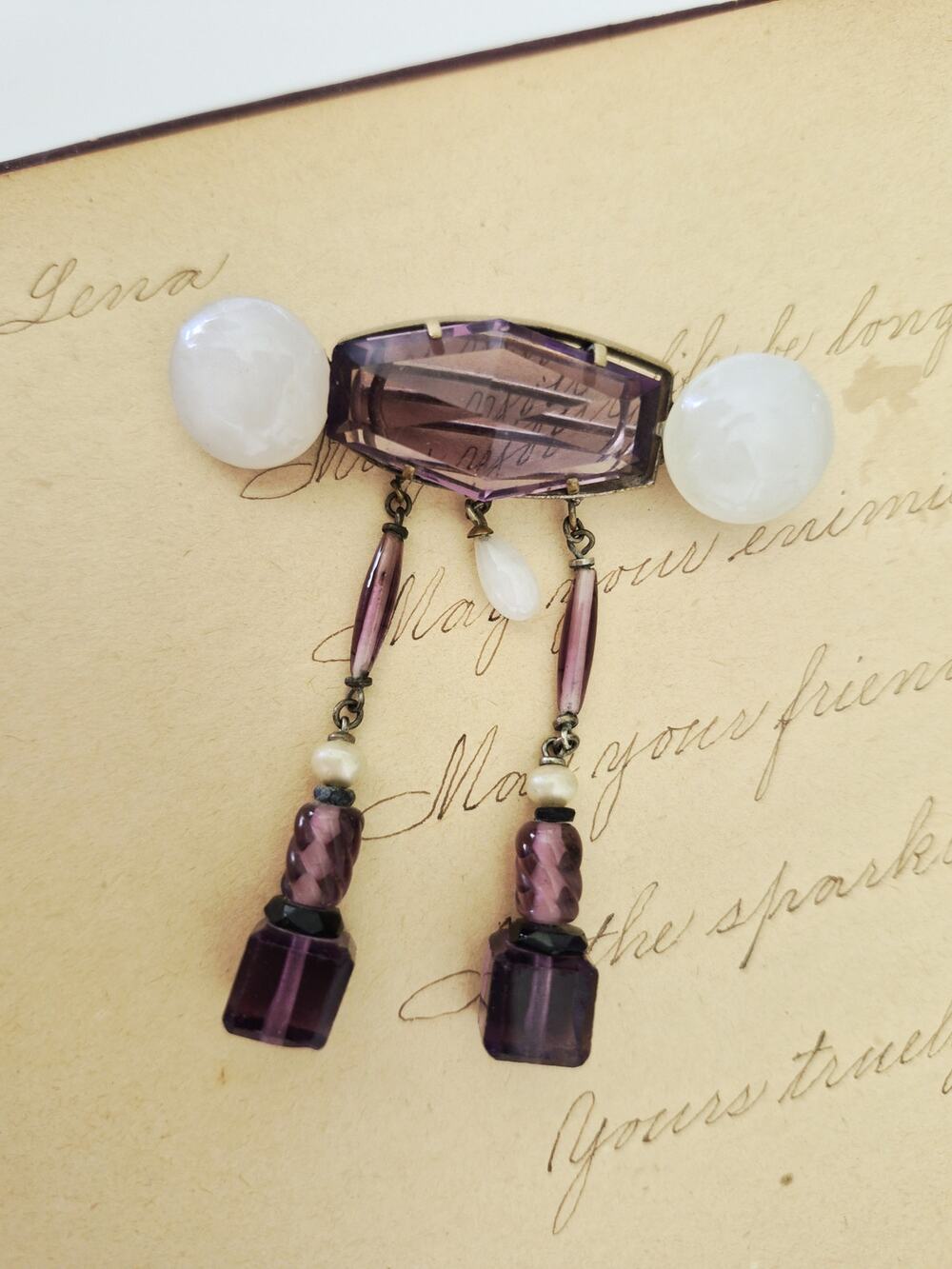 Vintage Purple and White Glass Dangle Brooch